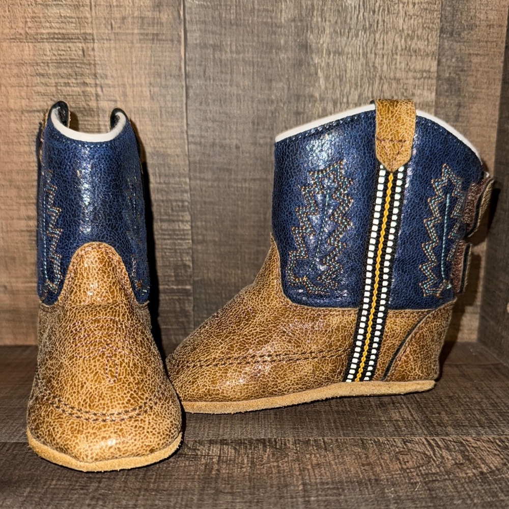 Old West Brown and Blue  glitter Cowboy Boots - size 3 infant